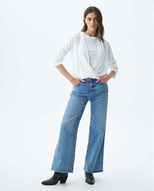 Camisa de Mujer, Silueta Amplia Manga Larga Escote en V - Viscosa Diagonal Marcada