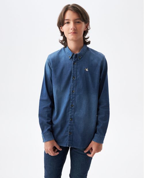 Camisa de Niño en Denim, Straight Fit Manga Larga - Bordado de Pato Multicolor