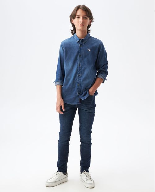 Camisa de Niño en Denim, Straight Fit Manga Larga - Bordado de Pato Multicolor