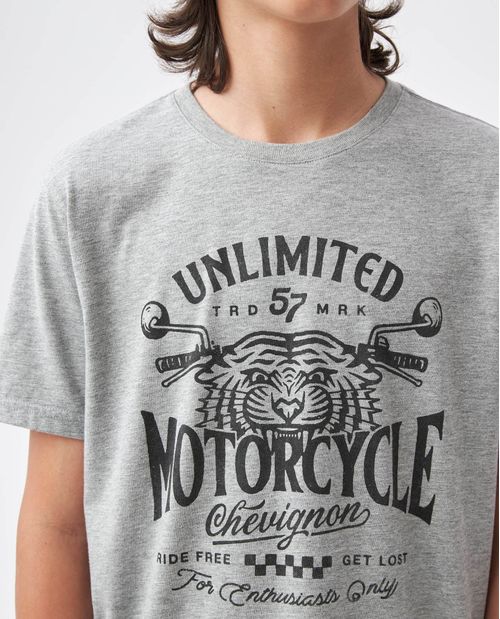 Camiseta Gráfica de Niño, Cuello Redondo - Tela Jaspe Diseño Frontal Estampado