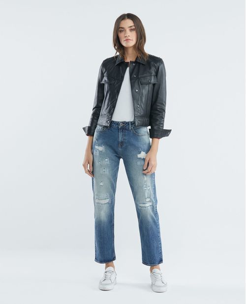 Jean de Mujer Medium Rise, Boyfit, Boot Cut - Azul Oscuro