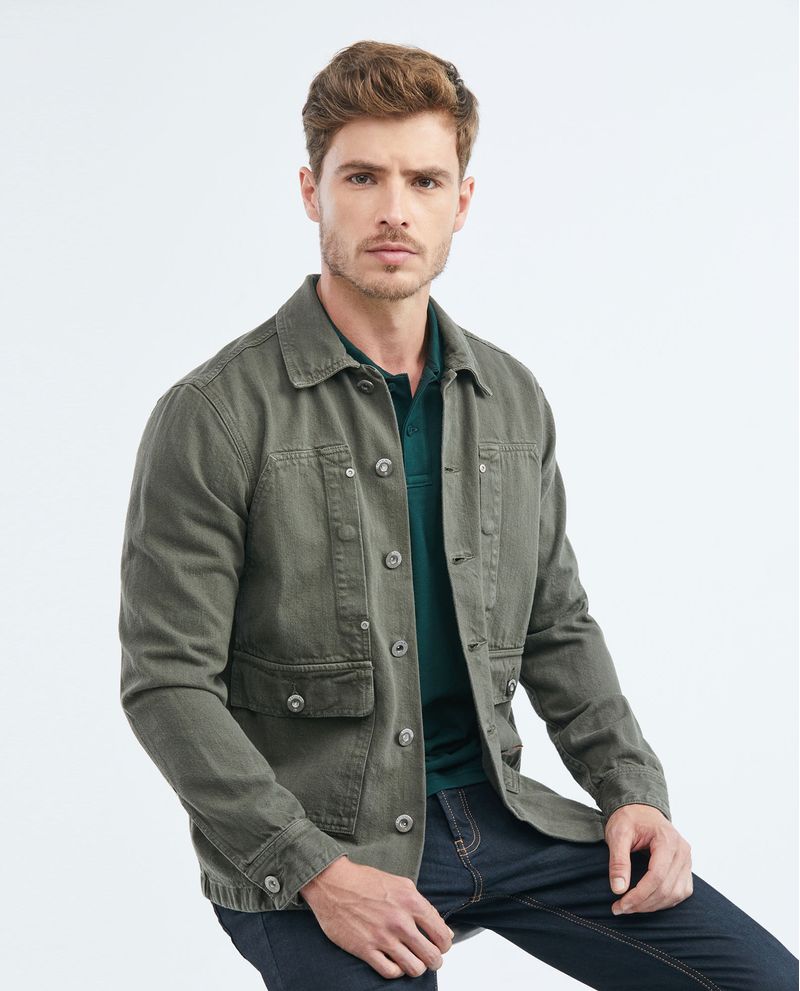 Chaqueta de Hombre en Denim Tipo Militar Straight Fit Verde Militar