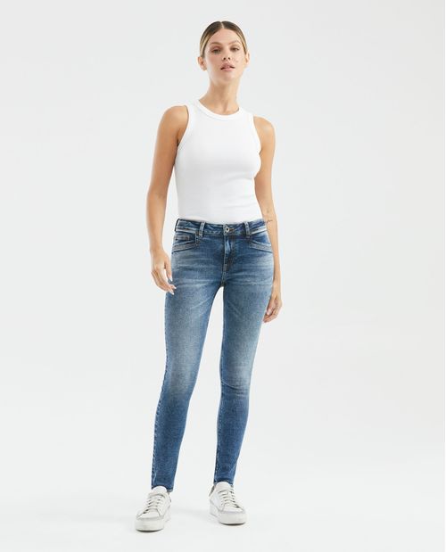Jean de Mujer Low Rise, Rusty, Bota Skinny - Azul Medio Efecto Frosting