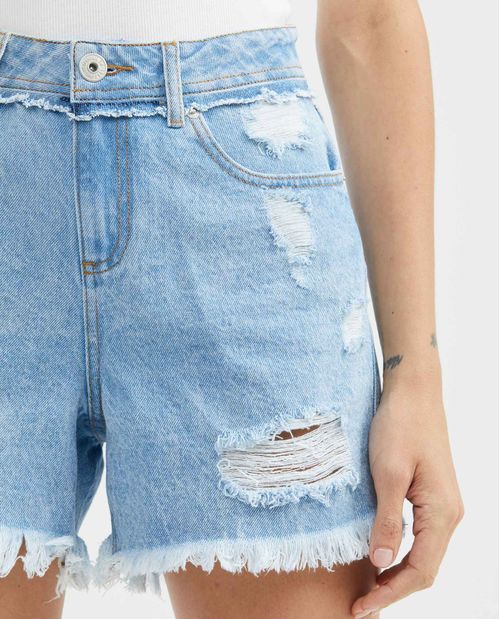 Short de Mujer en Denim, High Rise - Azul Claro Pretina Renovada + Rotos