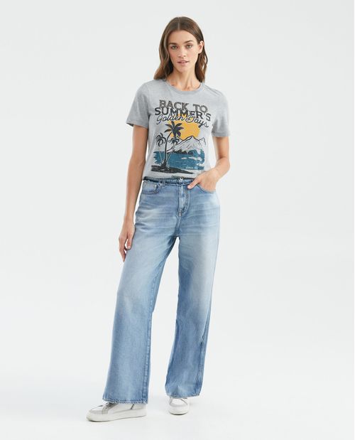 Camiseta Gráfica de Mujer, Manga Corta Cuello Redondo - Diseño Estampado Textil + Canutillos