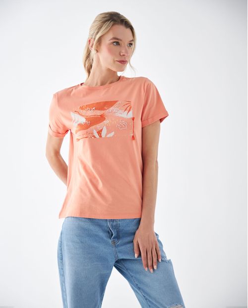 Camiseta estampada con apliques para mujer