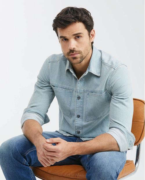 Camisa de Hombre en Denim, Slim Fit Manga Larga - Azul Claro Tipo Shaket
