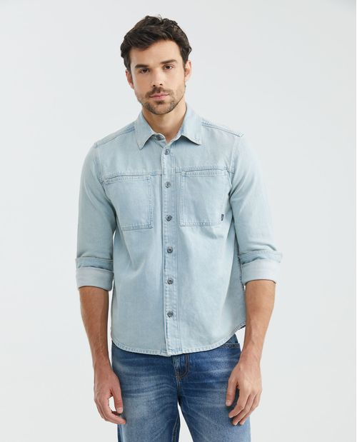 Camisa de Hombre en Denim, Slim Fit Manga Larga - Azul Claro Tipo Shaket