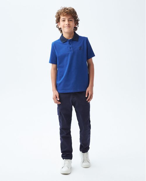 Camiseta de Niño Tipo Polo, Straight Fit Manga Corta - Cuello en Contraste + Líneas 3D