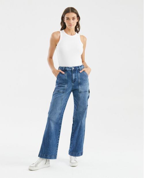 Jean Carpintero de Mujer Wide Leg, Bota Relaxed - Azul Medio Detalles de Construcción