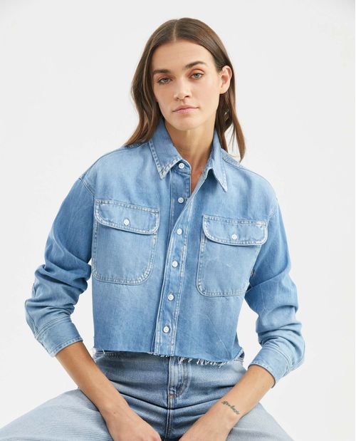 Camisa de Mujer en Denim, Oversized Fit Manga Larga - Azul Claro