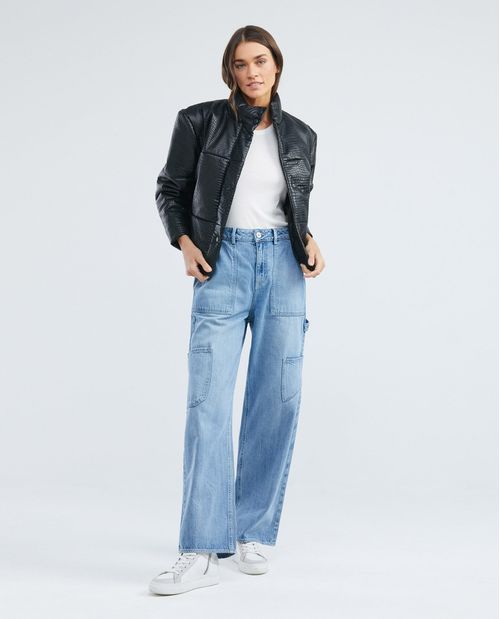 Jean de Mujer Wide Leg, Bota Relaxed - Azul Claro Bolsillos Carpinteros