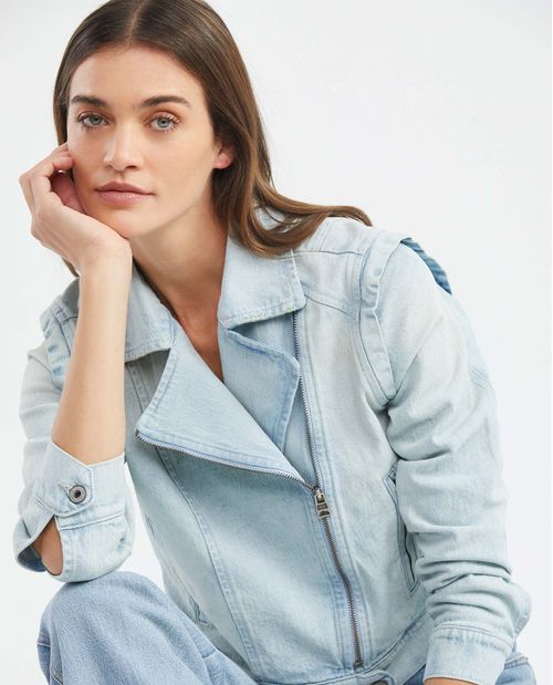 Chaqueta de Mujer en Denim, Tipo Biker Straight Fit - Azul Ultra Claro Efecto Dirty Vainilla