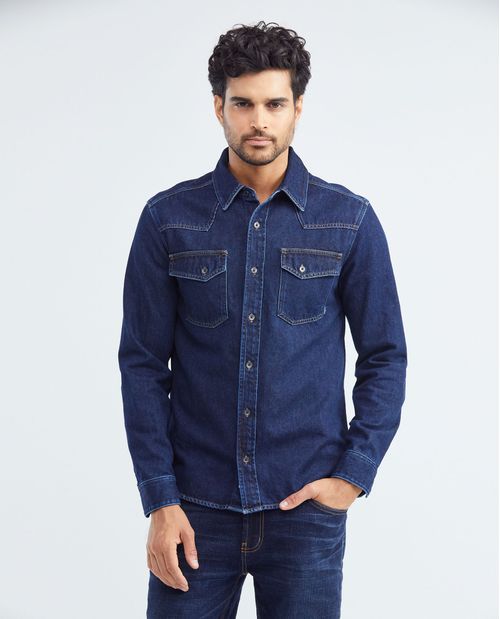 Camisa de Hombre en Denim, Slim Fit Manga Larga - Azul Ultra Oscuro Premium Denim
