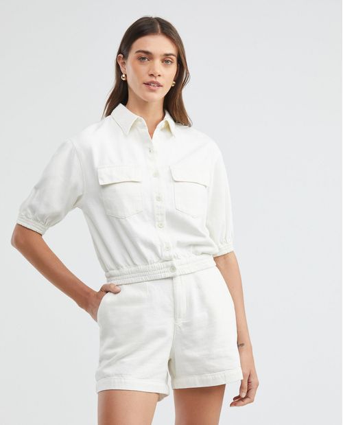 Camisa de Mujer, Tipo Crop Silueta Recta Manga Corta Cuello Camisero - Influencia Cargo