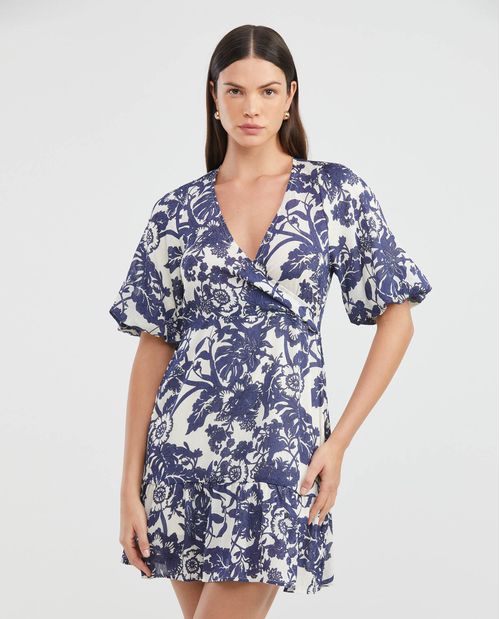 Vestido Corto, Diseño EnvolventeEscote en V Manga Corta - Maxi Print Flores Duotono