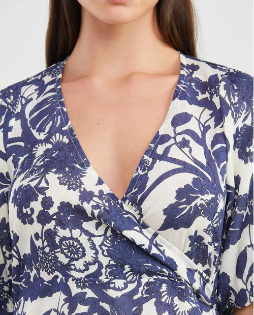 Vestido Corto, Diseño EnvolventeEscote en V Manga Corta - Maxi Print Flores Duotono