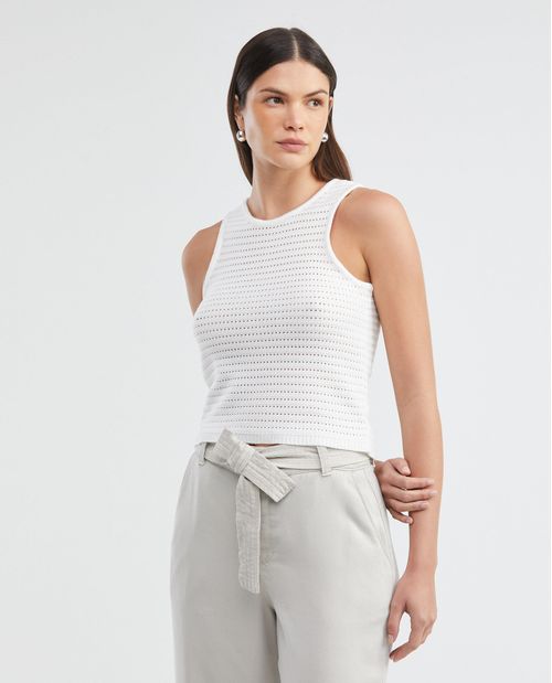 Camiseta Tejida de Mujer, Silueta Ajustada y Corta Cuello Redondo Manga Sisa - Galga Liviana