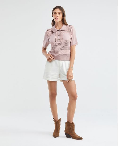 Camiseta Tejida de Mujer, Silueta Recta Cuello Tipo Polo Manga Corta - Galga Liviana