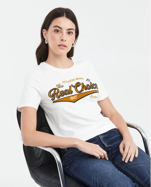 Camiseta Estampada con Detalles Bordados para Mujer