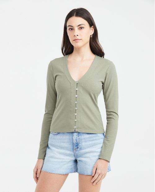 Camiseta Ajustada con Manga Larga y Escote en V para Mujer