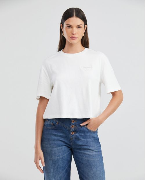 Camiseta Básica de Mujer, Manga Corta Cuello Cuello Redondo - Esencial Silueta Oversized Bordado Hilos Lurex