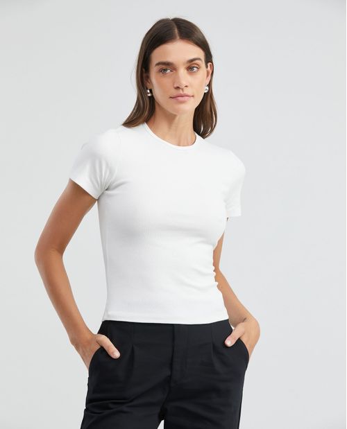 Camiseta Básica de Mujer, Manga Corta Cuello Cuello Redondo - Esencial Silueta Ajustada Tejido de Punto Acanalado