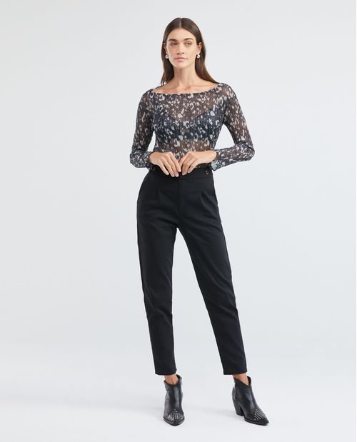 Camiseta de Mujer, Manga Larga Cuello Almendrado - Malla Semi Transparente Animal Print