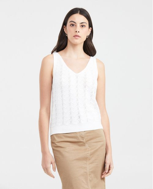 Camiseta Tejida con Escote en V y Manga Sisa para Mujer