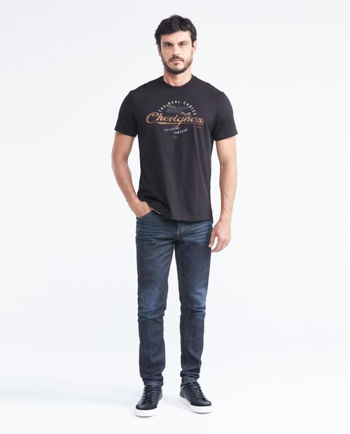Camiseta Slim Fit Estampada Cuello Redondo en Algodón más Grueso para Hombre