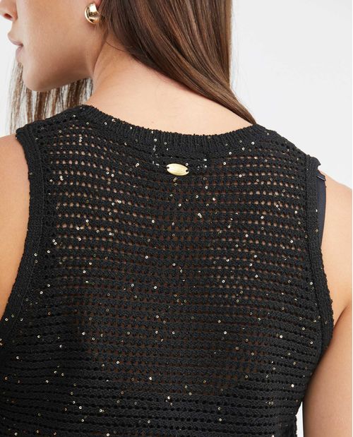 Camiseta Tejida de Mujer, Silueta Relajada Cuello Redondo Manga Sisa - Galga Liviana