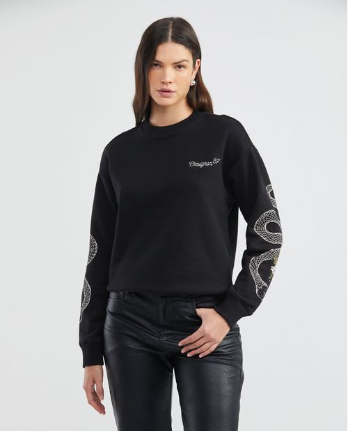 Buzo de Mujer, Cerrado Cuello Redondo - Estampado Serpientes en Mangas + Piedras al Calor