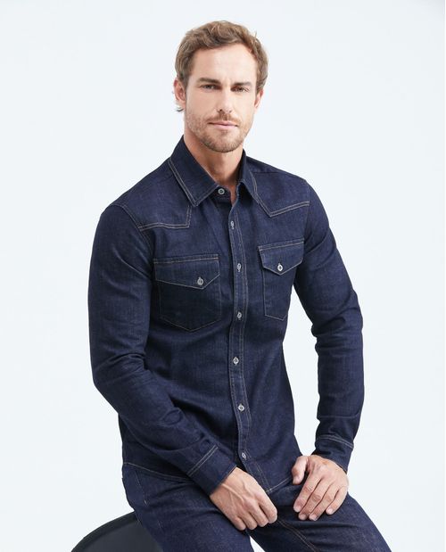 Camisa en Denim Slim Fit Manga Larga Azul Ultra Oscuro para Hombre