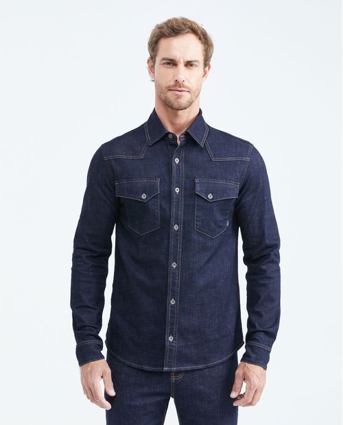 Camisa en Denim Slim Fit Manga Larga Azul Ultra Oscuro para Hombre