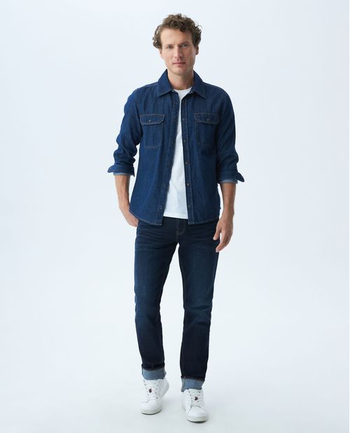 Camisa de Hombre en Denim, Classic Fit Manga Larga - Azul Oscuro
