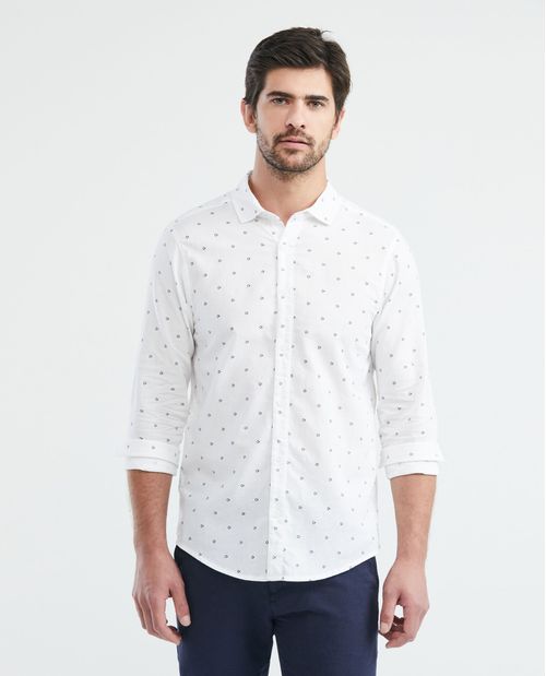 Camisa de Hombre, Slim Fit Manga Larga - Mini Print Algodón + Lino