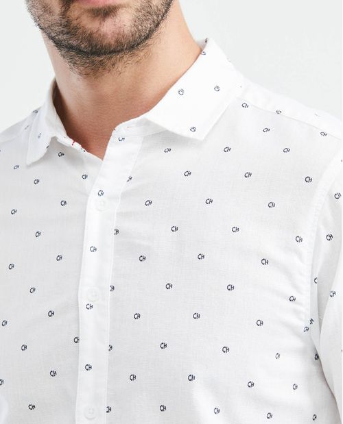 Camisa de Hombre, Slim Fit Manga Larga - Mini Print Algodón + Lino