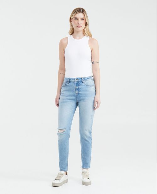 Jean Boyfit Fit Medio Bota Slim Azul Claro con Rotos Lavado Vintage para Mujer
