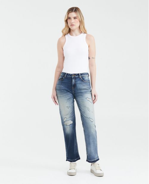 Jean Boyfit Médium Rise Boot Cut Azul Claro con Rotos Lavado Vintage para Mujer