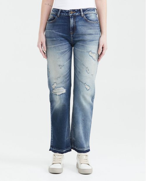 Jean Boyfit Médium Rise Boot Cut Azul Claro con Rotos Lavado Vintage para Mujer
