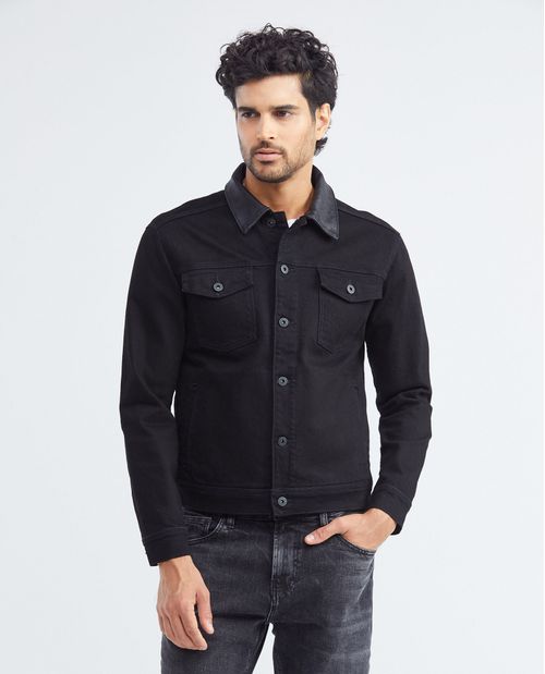 Chaqueta de Hombre en Denim, Tipo Trucker Straight Fit - Negro Cuello y Bolsillo en Cuero