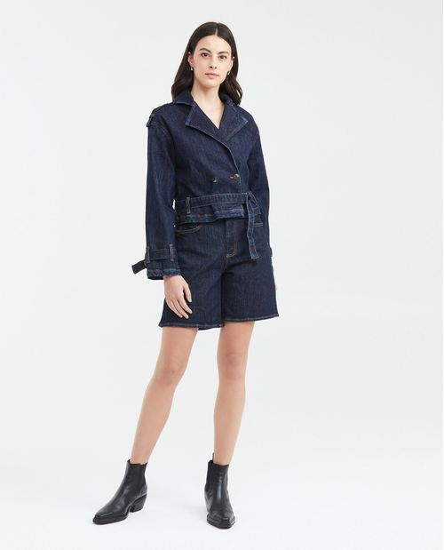 Chaqueta en Denim Azul Oscuro con Diseño Cruzado para Mujer