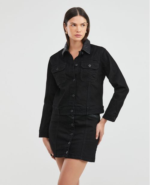 Chaqueta de Mujer en Denim, Tipo Trucker Straight Fit - Gris Oscuro Piezas en Cuero