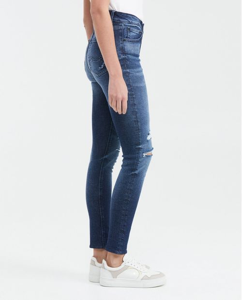 Jean Super High Rise Bota Slim Azul Oscuro con Rotos para Mujer