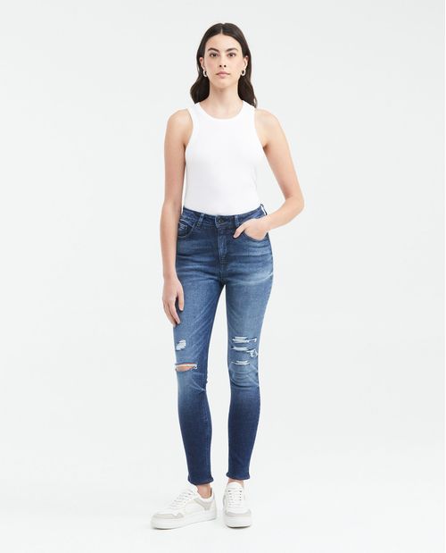 Jean Super High Rise Bota Slim Azul Oscuro con Rotos para Mujer