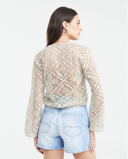 Camiseta Silueta Boxy Mangas Acampanadas Efecto Crochet para Mujer