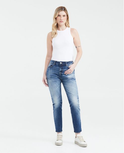 Jean Boyfit Tiro Medio Bota Slim Azul Medio Lavado Vintage para Mujer
