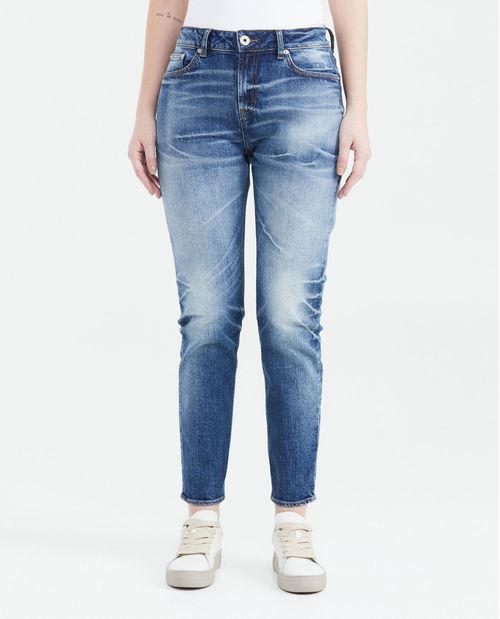 Jean Boyfit Tiro Medio Bota Slim Azul Medio Lavado Vintage para Mujer