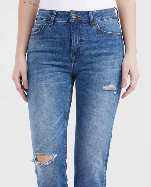 Jean Super High Rise Bota Relaxed Azul Medio con Rotos para Mujer