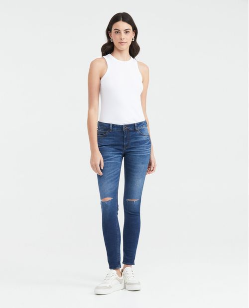 Jean Low Rise Bota Slim Azul Oscuro con Rotos para Mujer